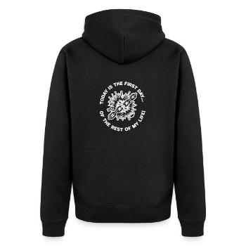 Heute: Der erste Schritt in dein neues Leben! - Unisex Premium Bio Zip Hoodie - Schwarz - Hinten - Nico (187cm)