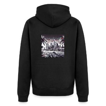 Frankfurt Fiction - Unisex Premium Bio Zip Hoodie - Schwarz - Hinten - Nico (187cm)