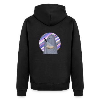 lesender Geist mit lila gestreiftem Hintergrund - Unisex Premium Bio Zip Hoodie - Schwarz - Hinten - Nico (187cm)