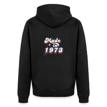 Made in 1973 Retro - Unisex Premium Organic Zip Hoodie - black - Back - Nico (187cm)