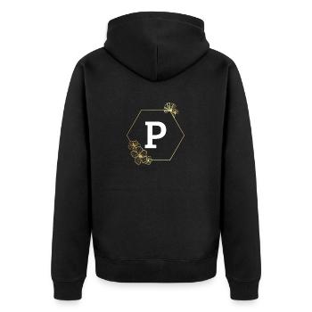 Buchstabe p Goldener Blumenrahmen - Unisex Premium Bio Zip Hoodie - Schwarz - Hinten - Nico (187cm)
