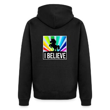 I BELIEVE Einhorn vor leuchtenden Regenbogenstrahl - Unisex Premium Bio Zip Hoodie - Schwarz - Hinten - Nico (187cm)