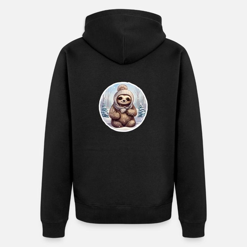 Faultier im Schnee mit Mütze - Unisex Premium Bio Zip Hoodie - Schwarz