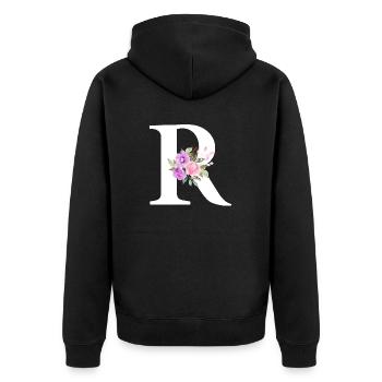 Lila Blumenbuchstabe R - Unisex Premium Bio Zip Hoodie - Schwarz - Hinten - Nico (187cm)
