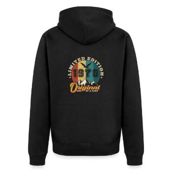 Original 1970er Jahre Vintage - 1970er Jahre Geburtstagsgeschenk - Unisex Premium Bio Zip Hoodie - Schwarz - Hinten - Nico (187cm)