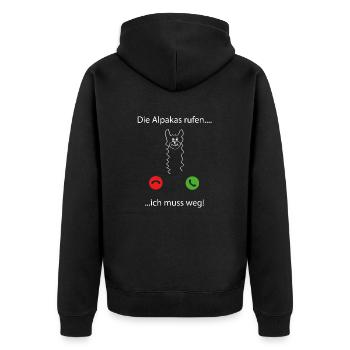 die alpakas rufen ... ich muss weg - Unisex Premium Bio Zip Hoodie - Schwarz - Hinten - Nico (187cm)