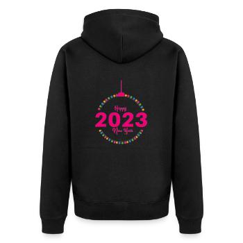 Design year 2023 - Unisex Premium Organic Zip Hoodie - black - Back - Nico (187cm)