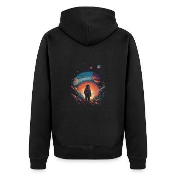 Wandern im Universum - Surrealistisches Artwork - Unisex Premium Bio Zip Hoodie - Schwarz - Hinten - Nico (187cm)