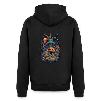Trippy Explosion - Psychedelisches Motiv - Unisex Premium Bio Zip Hoodie - Schwarz - Hinten - Nico (187cm)