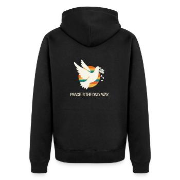 Friedenstaube Statement gegen Krieg - Unisex Premium Bio Zip Hoodie - Schwarz - Hinten - Nico (187cm)