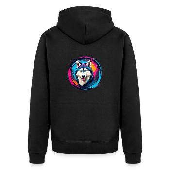 Sibirischer Husky Huskyportrait im Farbkreis - Unisex Premium Bio Zip Hoodie - Schwarz - Hinten - Nico (187cm)