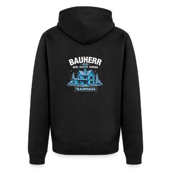 BAUHERR 2025 WIR BAUEN UNSER TRAUMHAUS - Unisex Premium Bio Zip Hoodie - Schwarz - Hinten - Nico (187cm)