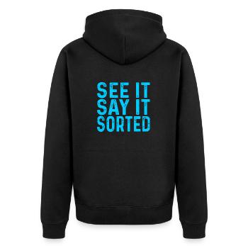 see it say it sorted - Unisex Premium Organic Zip Hoodie - black - Back - Nico (187cm)