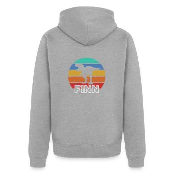 FINN - Schöner Jungen Name mit Dinosaurier - Unisex Premium Bio Zip Hoodie - Grau meliert - Hinten - Nico (187cm)