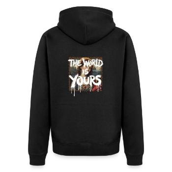 THE WORLD IS YOURS x ANTIKES GEMÄLDE - Unisex Premium Bio Zip Hoodie - Schwarz - Hinten - Nico (187cm)