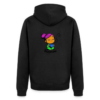 Tassmine enspannt mit einer Tasse Tee oder Kaffee - Unisex Premium Bio Zip Hoodie - Schwarz - Hinten - Nico (187cm)