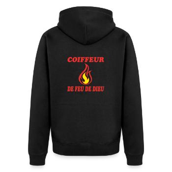GOD'S FIRE HAIRDRESSER - Unisex Premium Organic Zip Hoodie - black - Back - Nico (187cm)