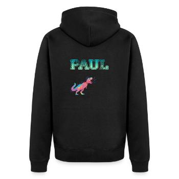 PAUL - Beau prénom de garçon avec dinosaure - Veste à capuche bio Premium Unisexe - noir - Dos - Nico (187cm)
