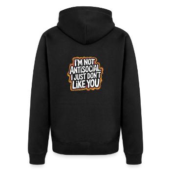 Abstand halten – Ehrliche Meinung - Unisex Premium Bio Zip Hoodie - Schwarz - Hinten - Nico (187cm)