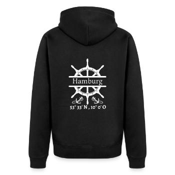 Hamburg-Steuerrad, Anker & Koordinaten-Hansestadt - Unisex Premium Bio Zip Hoodie - Schwarz - Hinten - Nico (187cm)