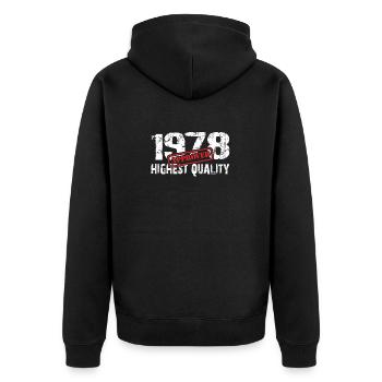 Born in 1978, born in 1978, very fit - Unisex Premium Organic Zip Hoodie - black - Back - Nico (187cm)