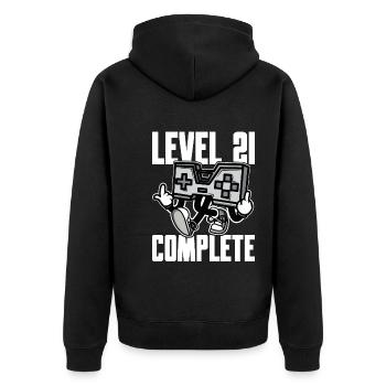 Level 21 Complete Geburtstagsgeschenk 21 Jahre - Unisex Premium Bio Zip Hoodie - Schwarz - Hinten - Nico (187cm)
