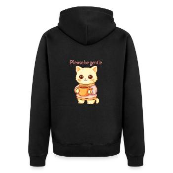 Bitte sei sanft – Pixel Katze mit Tee & Kuschelpul - Unisex Premium Bio Zip Hoodie - Schwarz - Hinten - Nico (187cm)