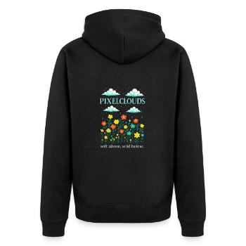 Pixelwolken – Oben sanft, unten wild - Unisex Premium Bio Zip Hoodie - Schwarz - Hinten - Nico (187cm)