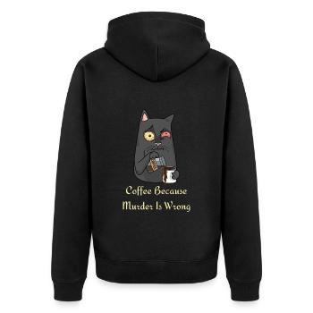 Kaffee Tshirt- lustige Kaffee Sprüche mit Katze - Unisex Premium Bio Zip Hoodie - Schwarz - Hinten - Nico (187cm)