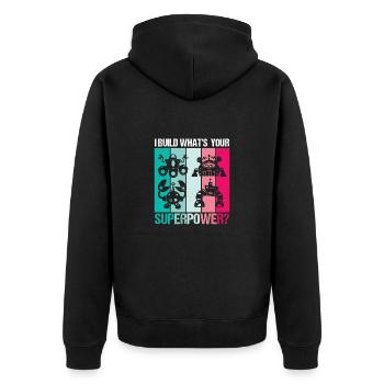 I BUILD WHAT'S - YOUR SUPERPOWER - Unisex Premium Bio Zip Hoodie - Schwarz - Hinten - Nico (187cm)