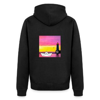 Lighthouse and paper boat in the sea - Unisex Premium Organic Zip Hoodie - black - Back - Nico (187cm)