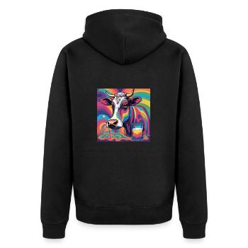 Eine bunte Kuh und ein Milchglas - Unisex Premium Bio Zip Hoodie - Schwarz - Hinten - Nico (187cm)