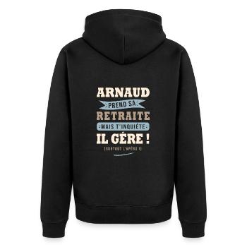 Arnaud humour retraite cadeau retraité - Veste à capuche bio Premium Unisexe - noir - Dos - Nico (187cm)