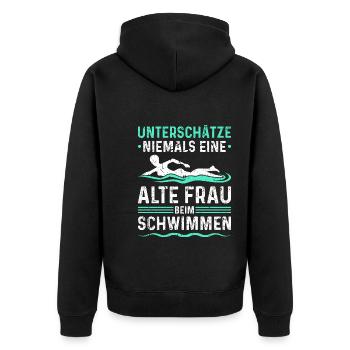 Unterschätze Niemals Alte Frau Schwimmen - Unisex Premium Bio Zip Hoodie - Schwarz - Hinten - Nico (187cm)