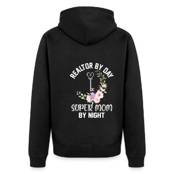 Immobilienmaklerin bei Tag Super-Mama bei Nacht - Unisex Premium Bio Zip Hoodie - Schwarz - Hinten - Nico (187cm)