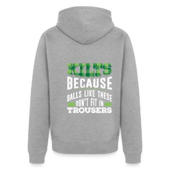 Kilt Schottische Tracht Spruch - Unisex Premium Bio Zip Hoodie - Grau meliert - Hinten - Nico (187cm)