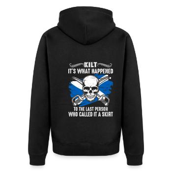 Schottenrock Kilt Spruch Schottland Highlands - Unisex Premium Bio Zip Hoodie - Schwarz - Hinten - Nico (187cm)