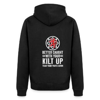 Schottenrock Kilt Spruch Schottland Highlands - Unisex Premium Bio Zip Hoodie - Schwarz - Hinten - Nico (187cm)