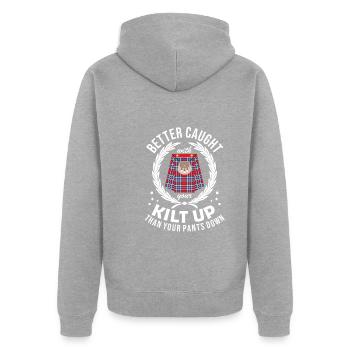 Lieber im Kilt als in der Hose erwischt werden - Unisex Premium Bio Zip Hoodie - Grau meliert - Hinten - Nico (187cm)