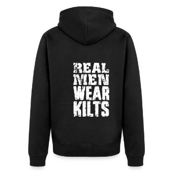 Real Men Wear Kilts- Schottenroch Herrenrock - Unisex Premium Bio Zip Hoodie - Schwarz - Hinten - Nico (187cm)