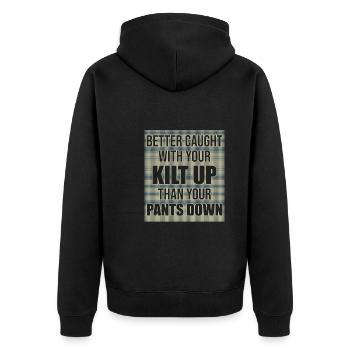 Kilt Up Schottenrock Schottland Männerrock - Unisex Premium Bio Zip Hoodie - Schwarz - Hinten - Nico (187cm)