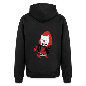 Schneeskateboard Hund, Mops, Bulldogge, Sport - Unisex Premium Bio Zip Hoodie - Schwarz - Hinten - Nico (187cm)