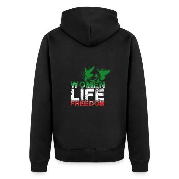 woman life freedom, vögel,iran,flagge - Unisex Premium Bio Zip Hoodie - Schwarz - Hinten - Nico (187cm)