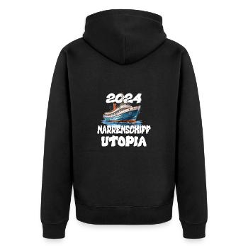 Narrenschiff Utopia, Zitat von Franz Josef Strauß - Unisex Premium Bio Zip Hoodie - Schwarz - Hinten - Nico (187cm)