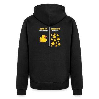 How It Started Bath Duckling Duckie Yellow Rubber - Unisex Premium Bio Zip Hoodie - Schwarz - Hinten - Nico (187cm)