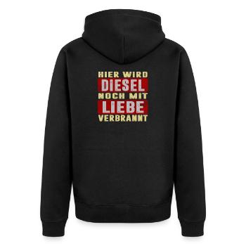 Hier wird Diesel noch mit Liebe verbrannt - Unisex Premium Bio Zip Hoodie - Schwarz - Hinten - Nico (187cm)