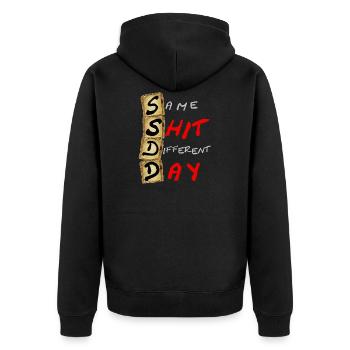 SSDD Same Shit Different Day - Unisex Premium Bio Zip Hoodie - Schwarz - Hinten - Nico (187cm)