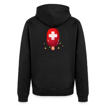 Schweizerkreuz Glace für coole Schweizer Patrioten - Unisex Premium Bio Zip Hoodie - Schwarz - Hinten - Nico (187cm)