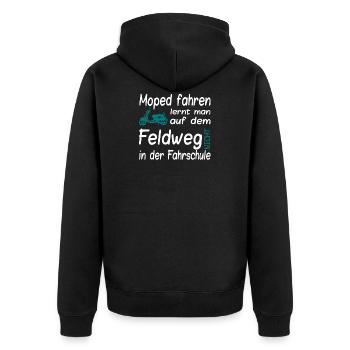 Moped fahren auf dem Feldweg / Dorf / Trend - Unisex Premium Bio Zip Hoodie - Schwarz - Hinten - Nico (187cm)