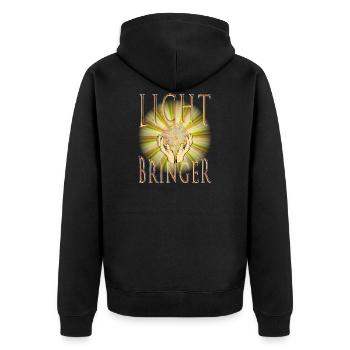 LICHTBRINGER - Lichtkugel, Licht, Schein - Unisex Premium Bio Zip Hoodie - Schwarz - Hinten - Nico (187cm)